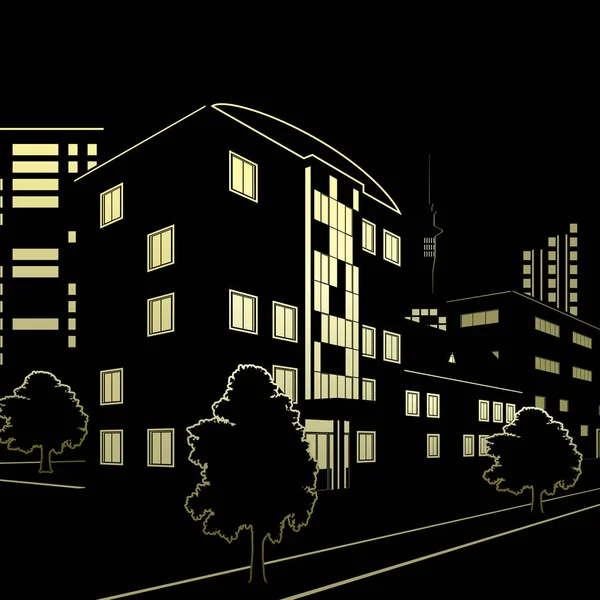 Silhouette von Gebäuden und Straßen bei Nacht — Stockvektor