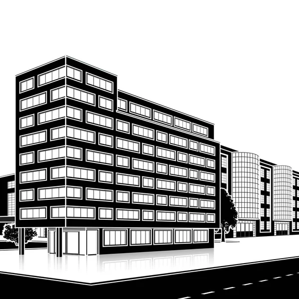 Immeuble de bureaux silhouette avec entrée et réflexion — Image vectorielle