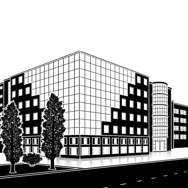 Immeuble de bureaux silhouette avec entrée et réflexion — Image vectorielle