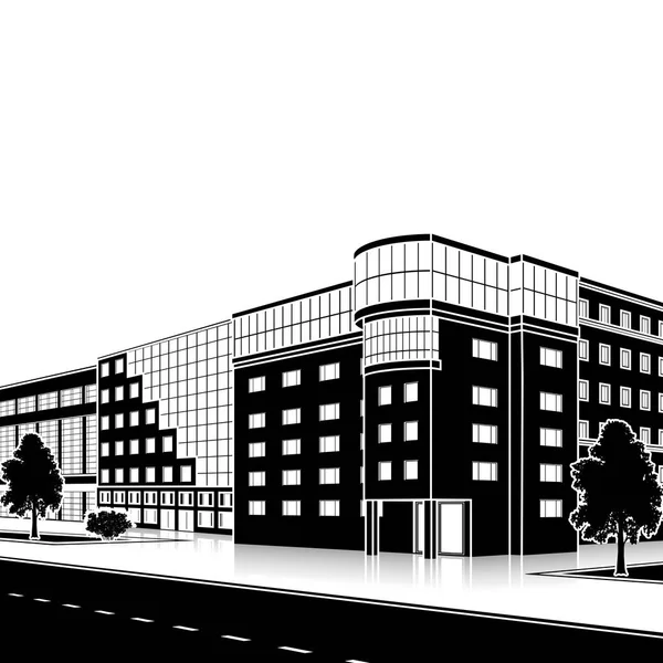 Immeuble de bureaux silhouette avec entrée et réflexion — Image vectorielle