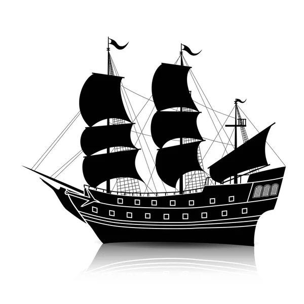 Silhouette vintage sailing ship with reflection — Stock Vector