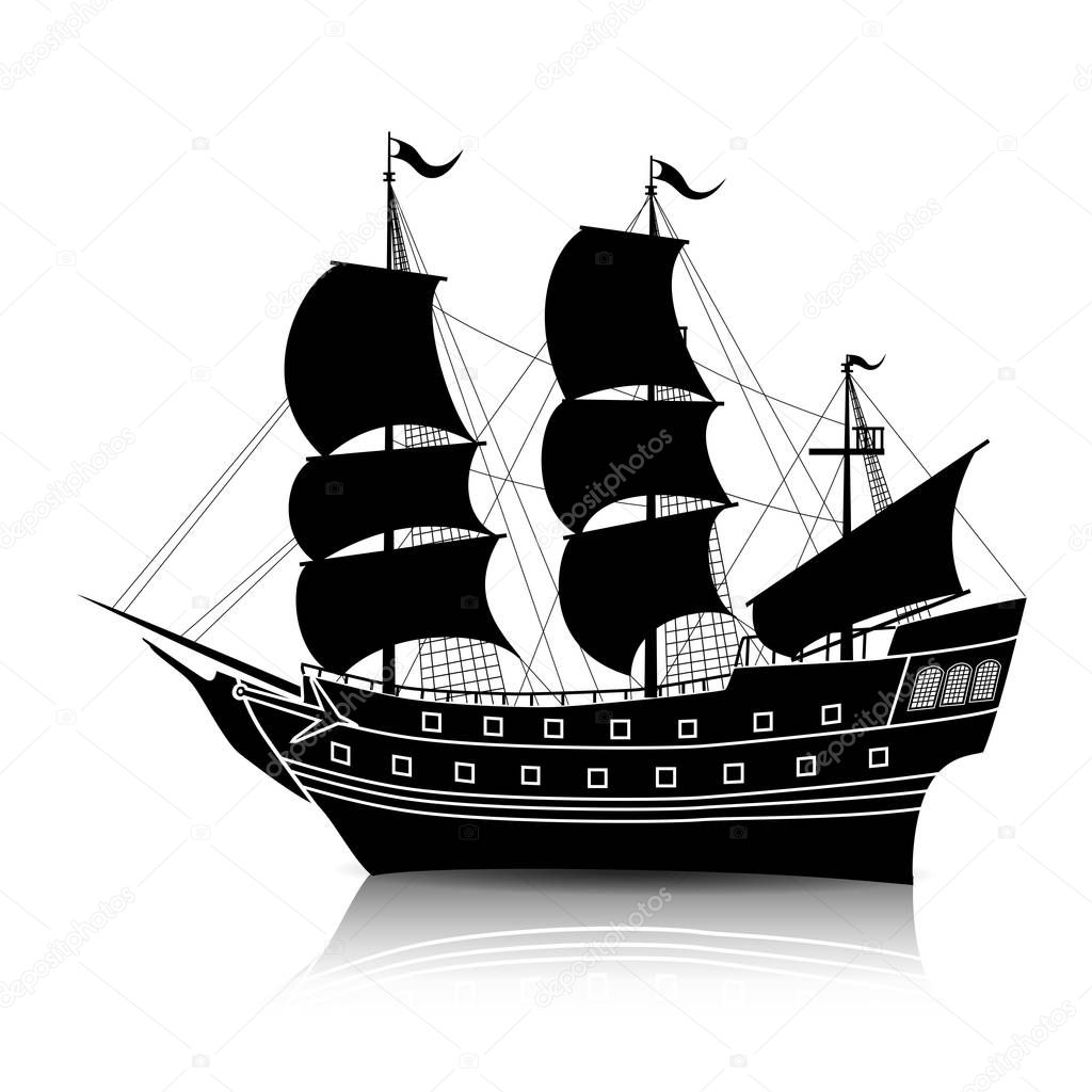 Silhouette vintage sailing ship with reflection — Stock Vector © M ... Simple Ship Silhouette