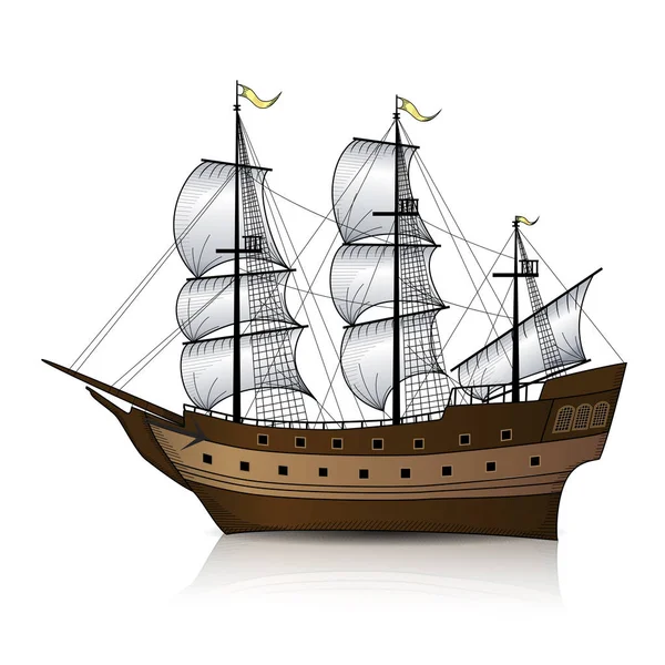 Oldtimer-Segelschiff mit Spiegelung — Stockvektor