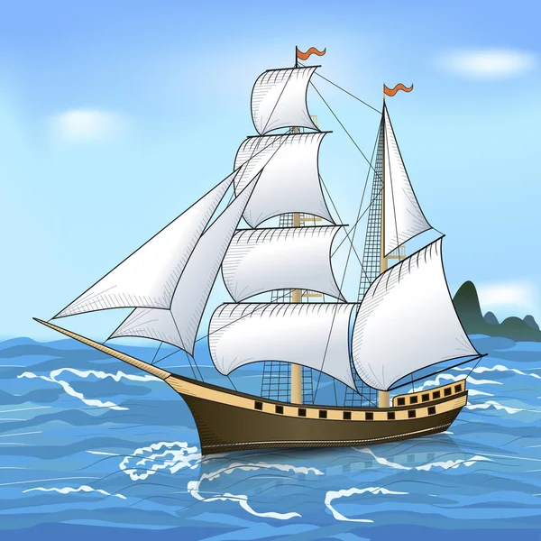 Oldtimer-Segelschiff im Meer — Stockvektor