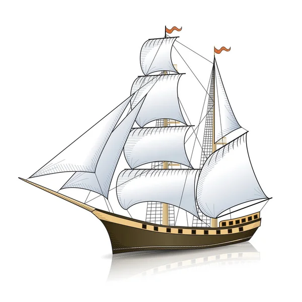 Вінтажний вітрильний корабель з відображенням — стоковий вектор