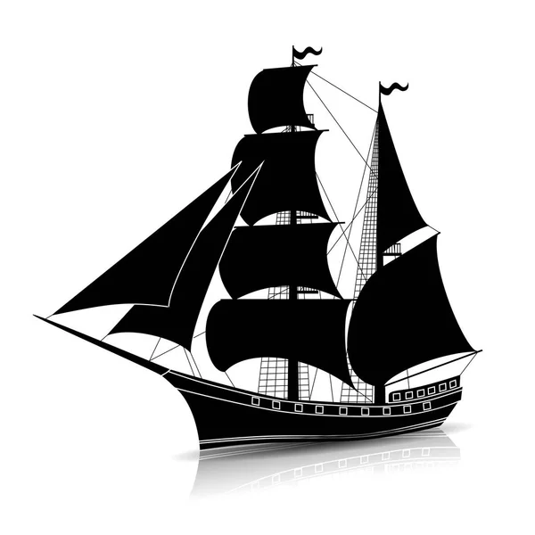 Silhouette vintage sailing ship with reflection — Stock Vector