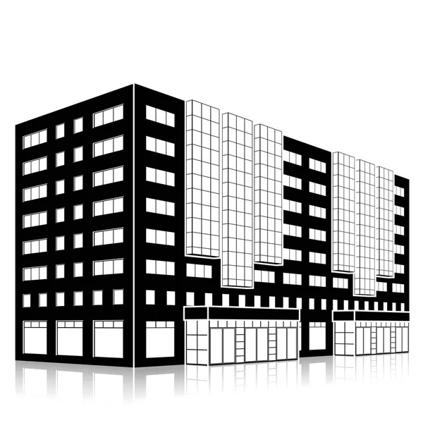 Silhouette kontorsbyggnad med en ingång och reflektion — Stock vektor