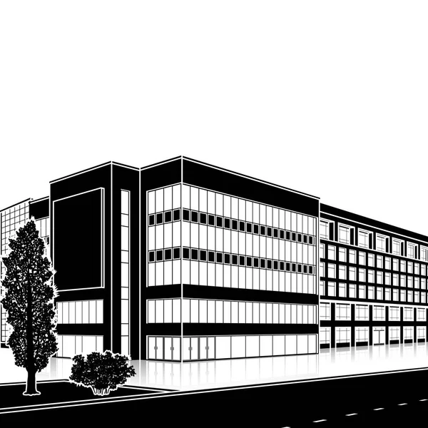 Immeuble de bureaux silhouette avec entrée et réflexion — Image vectorielle