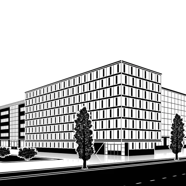 Immeuble de bureaux silhouette avec entrée et réflexion — Image vectorielle