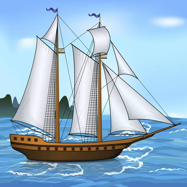 Velero de época en el mar — Vector de stock