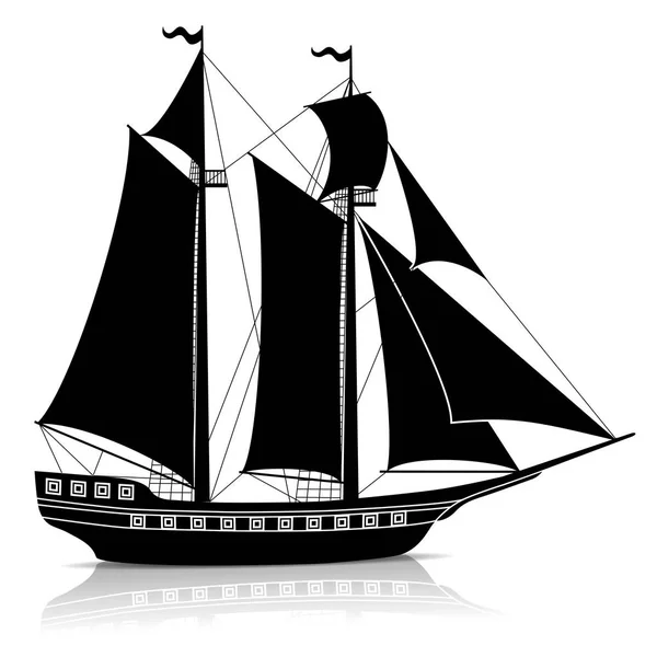 Silhouette vintage sailing ship with reflection — Stock Vector