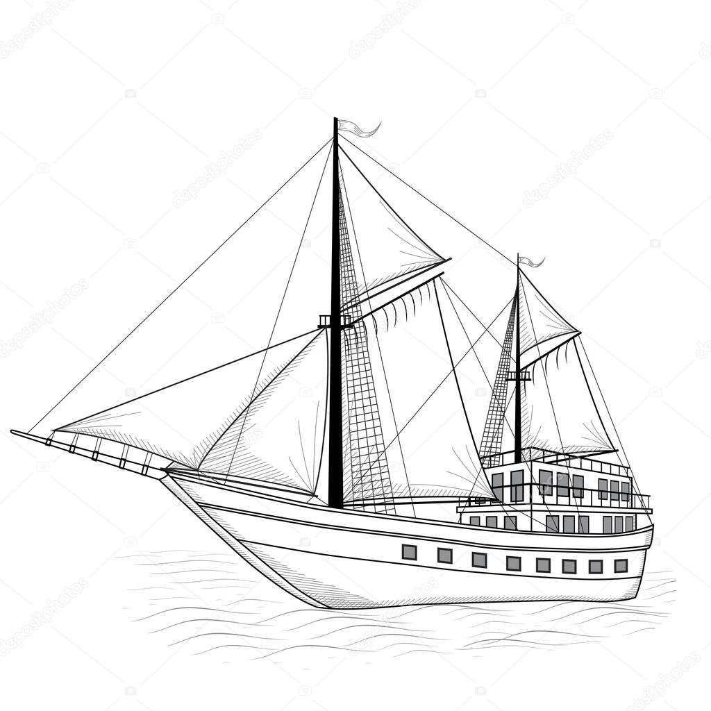 vintage ship with sails and reflection