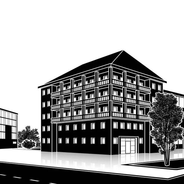 Immeuble de bureaux silhouette avec entrée et réflexion — Image vectorielle