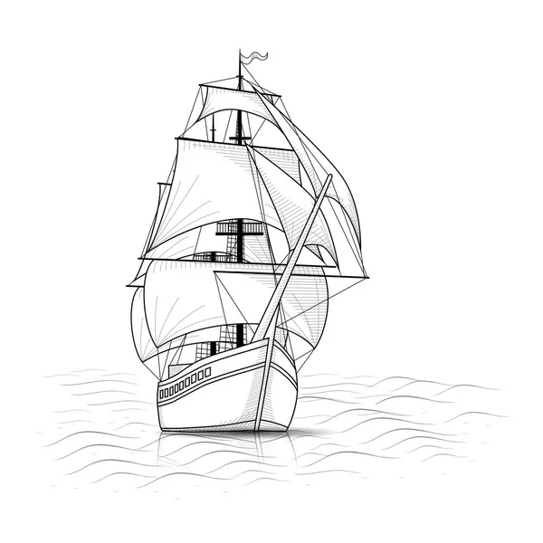Vintage schip met zeilen en zee — Stockvector