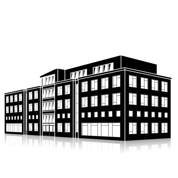 Edifício de escritórios silhueta com uma entrada e reflexão — Vetor de Stock