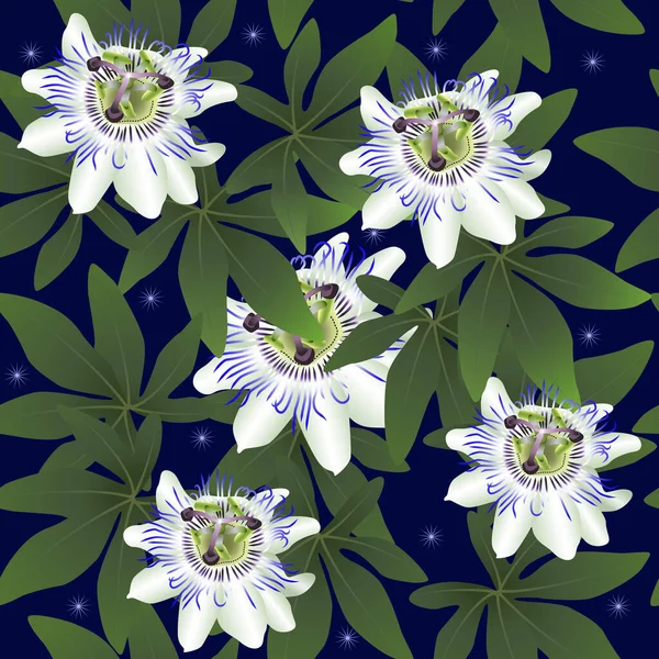 Seamless pattern with white passionflower — Stock Vector
