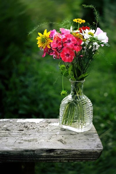 Bouquet Summer Flowers Glass Damask — Stock Photo, Image