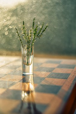 Satranç tahtasındaki yeşil çiçekli küçük cam bardak, Bokeh ile sanatsal bulanıklık arka plan