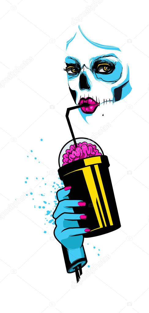 Zombie girl with cup. Hand drawn vector illustration