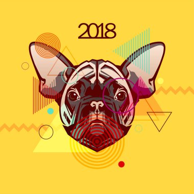 Portre sarı bir arka plan üzerinde bir köpek. Yeni yıl 2018. Köpek Çin yeni yılı.