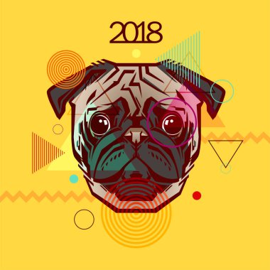 Portre sarı bir arka plan üzerinde bir köpek. Yeni yıl 2018. Köpek Çin yeni yılı.