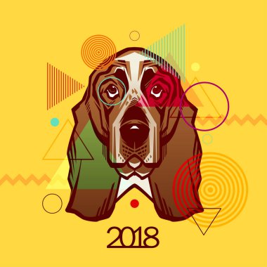 Portre sarı bir arka plan üzerinde bir köpek. Yeni yıl 2018. Köpek Çin yeni yılı.