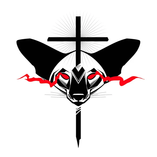 Okkulter Katzenkopf Mit Kreuz Und Roten Augen Okkultismus Esoterische Zeichenalchemie — Stockvektor
