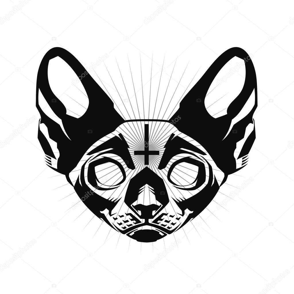 Occult Cat. Occult Cat's Head with Inverted Cross. Occultism. Esoteric Sign Alchemy. Occult Cat's Head on white background isolated. 