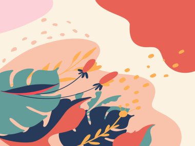 Çiçek elementleriyle soyut bir arka plan. Afişler, posterler, kapak tasarım şablonları, yapraklar ve çiçeklerle