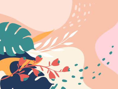 Çiçek elementleriyle soyut bir arka plan. Afişler, posterler, kapak tasarım şablonları, yapraklar ve çiçeklerle