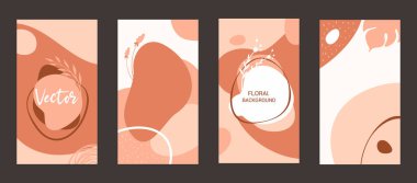 Çiçek unsurları olan soyut arka planlar. Afişler, posterler, kapak tasarım şablonları, yapraklar ve çiçeklerle