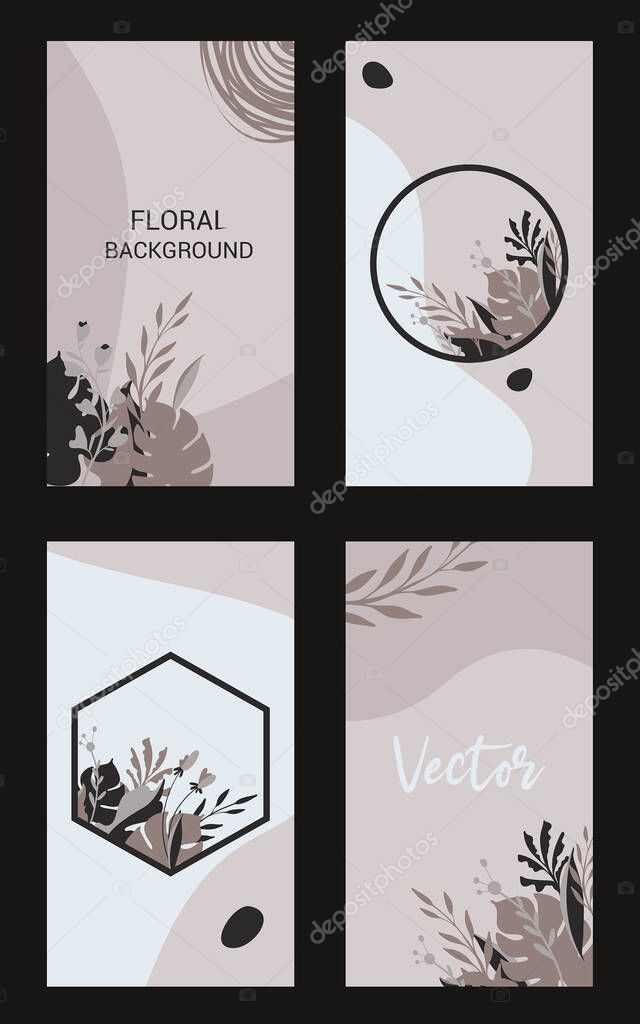 Style set of abstract floral backgrounds. Banners, posters, cover design templates, with leaves and flowers