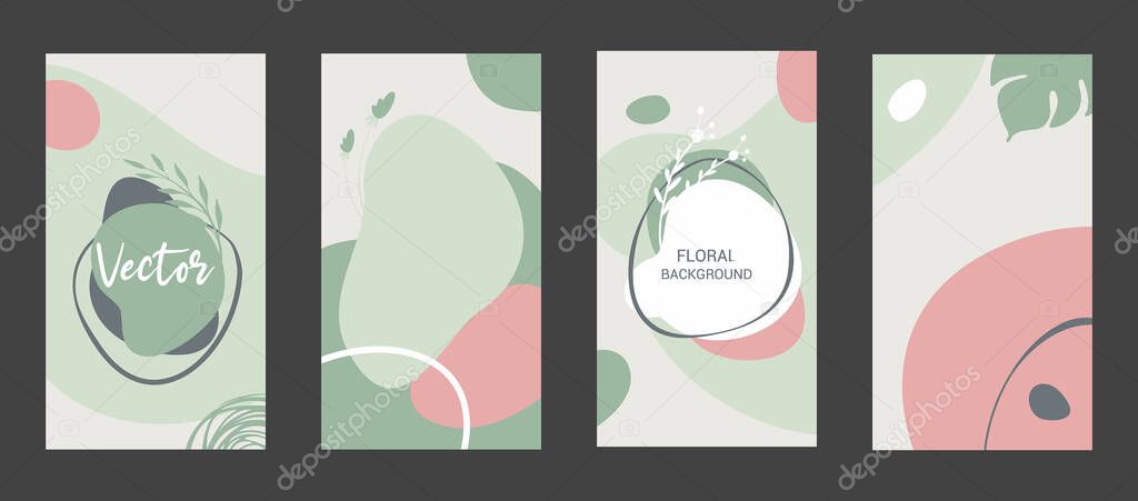 Vector set of abstract creative backgrounds with floral elements. Design templates for social media stories and covers