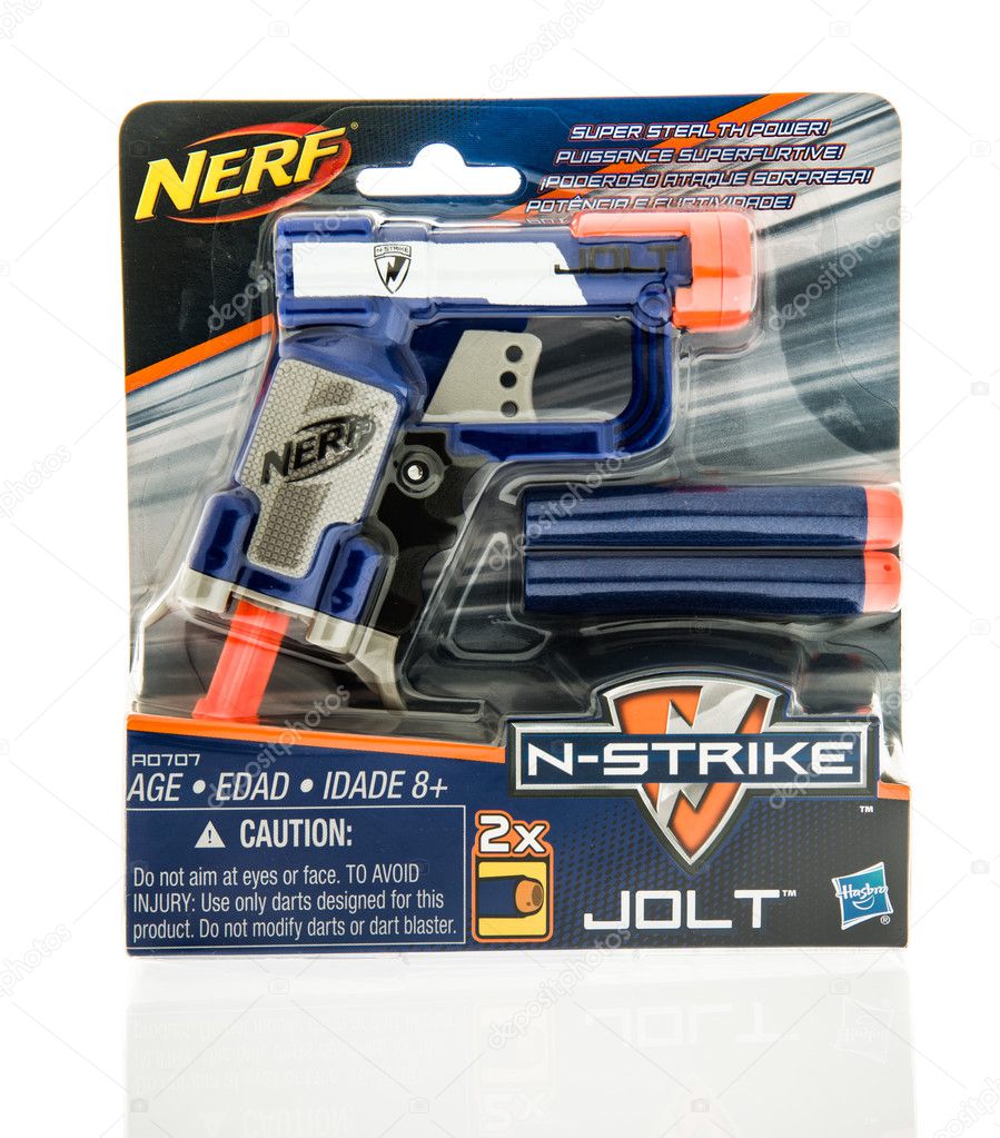 Winneconne, WI - 7 October 2016:  Package of a Nerf N-strike jolt blaster on an isolated background.