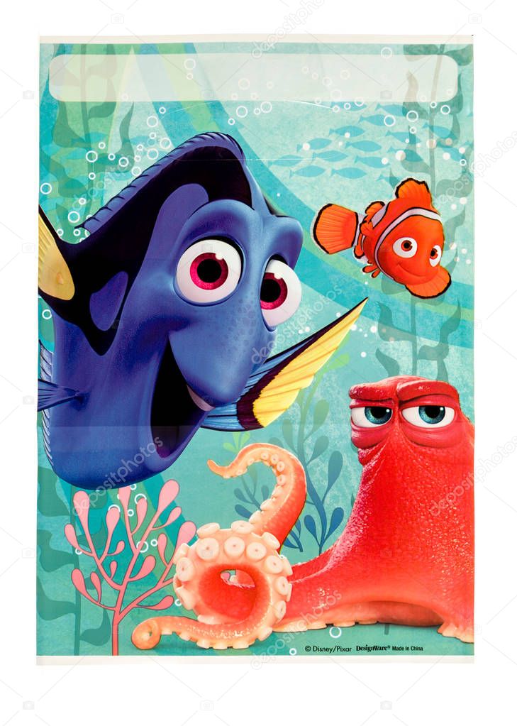 Winneconne, WI -29 January 2017:   Finding Dory loot bag on an isolated background.
