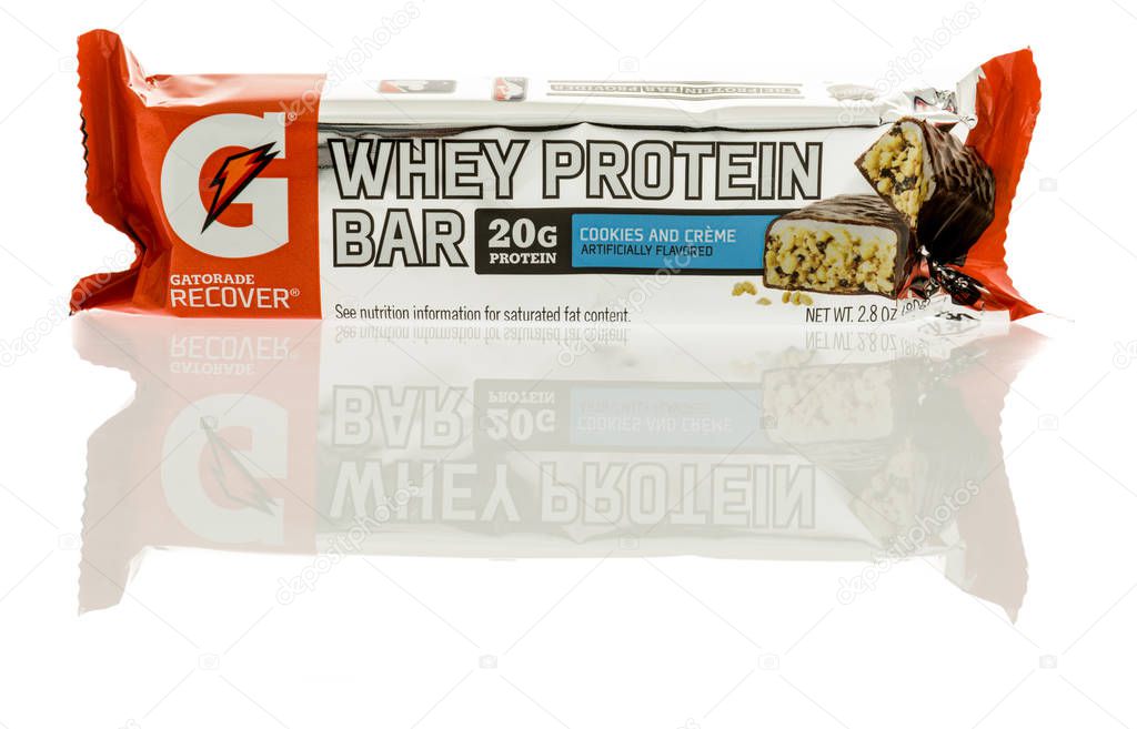 Winneconne, WI - 15 March 2017:  Whey protein bar made by gatorade on an isolated background.