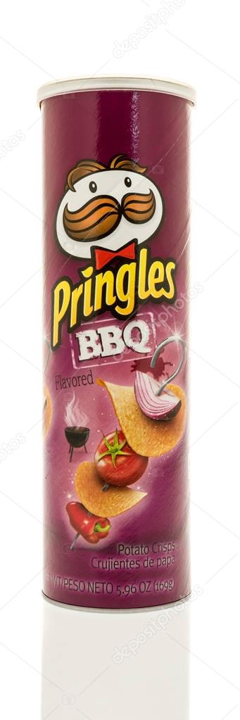 Winneconne, WI - 24 March 2017:  Tube of Pringles crisps in BBQ flavor on an isolated background.