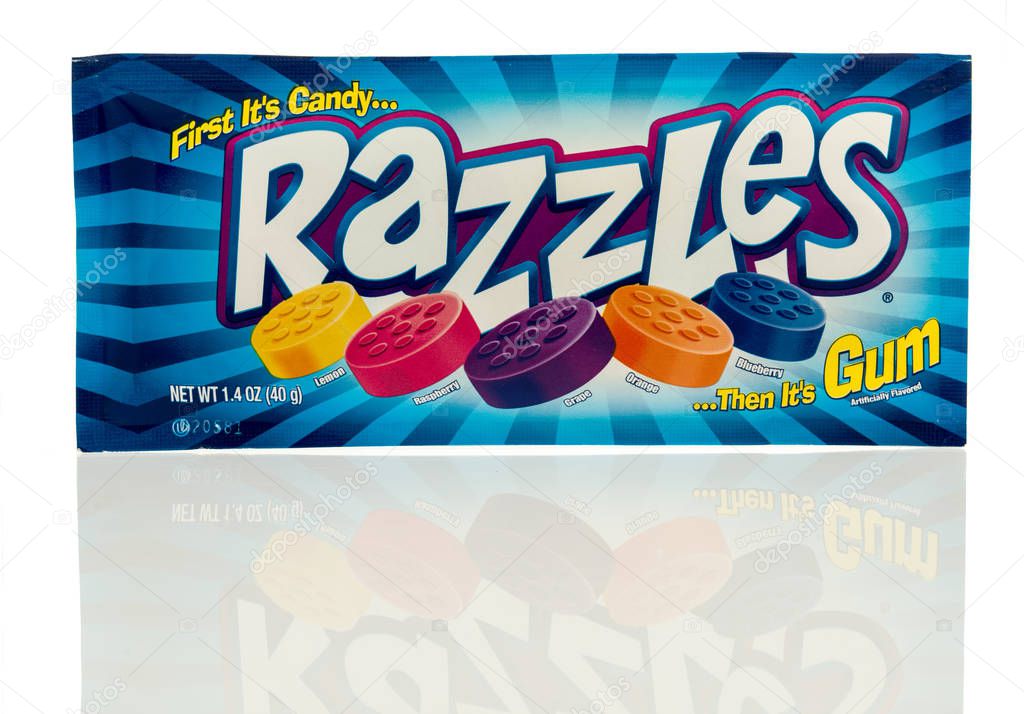 Winneconne, WI - 29 March 2017: A package of Razzies candy that turns into gum on an isolated background.