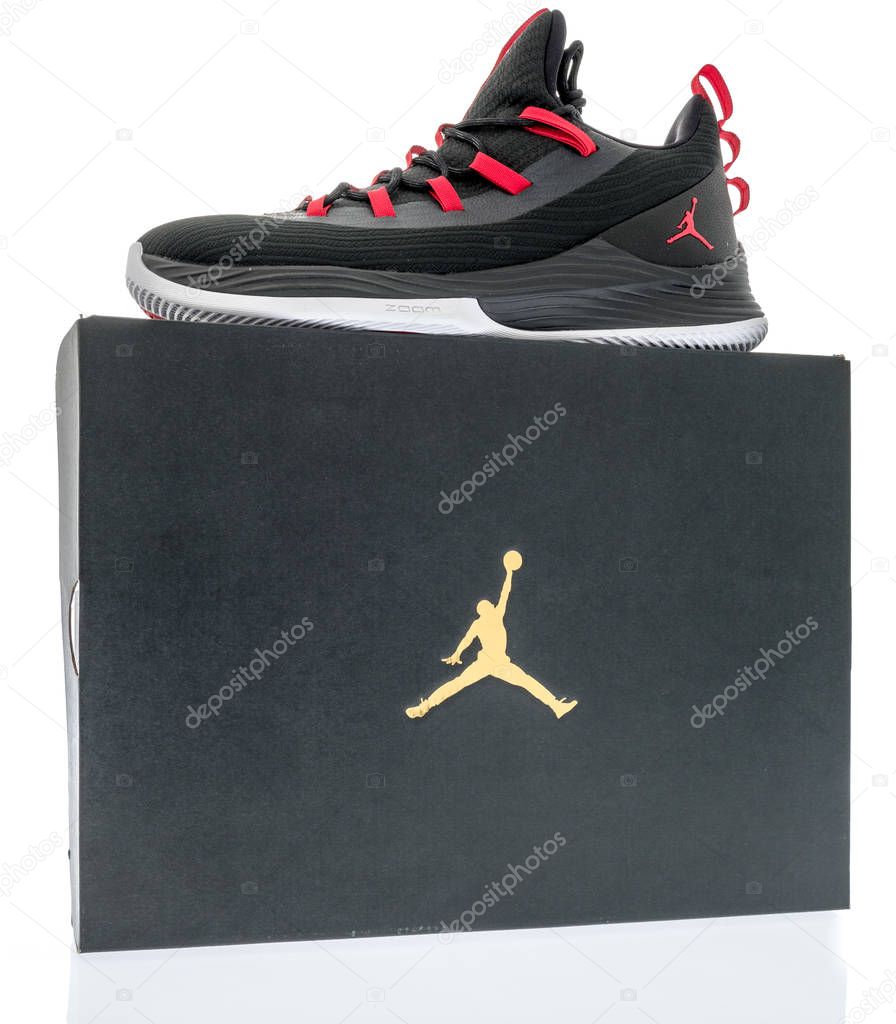 Winneconne, WI -  8 April 2018: A Michael Jordon Nike shoe box with a shoe on top on an isolated background.