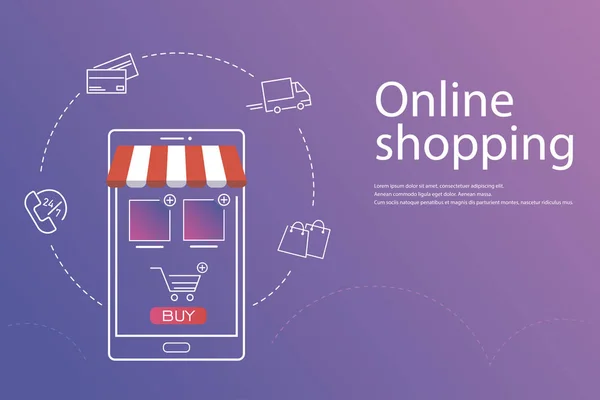 Çevrimiçi alışveriş afişi, akıllı telefon online alışveriş konsepti. Çevrimiçi mağaza, alışveriş arabası ikonu. İnternetten alışveriş