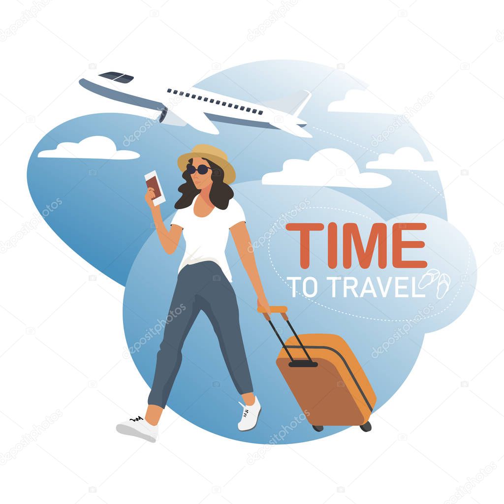 Travel time banner for travel Agency. A girl with a suitcase and a ticket in her hands. The trip on the plane.