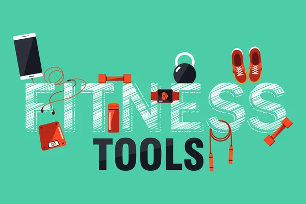 Vector flache Symbole Satz von Fitness-Tools. Turnbeutel Essentials, Ansicht von oben. — Stockvektor