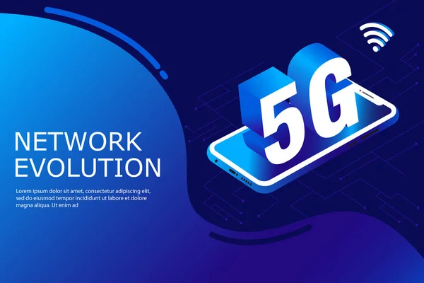 5g yeni kablosuz internet wifi bağlantısı. Dizüstü hareket eden aygıt izometrik mavi 3d düz. Teknoloji vektör çizim sanat küresel ağ yüksek hızlı yenilik bağlantı veri oranı
