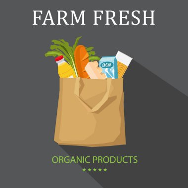 Taze sağlıklı ürünler ile kağıt paket. Çiftlik Organik ürünler. Sebze, ekmek, süt ve süt ürünleri, asma, et ve yumurta. Vektör düz tasarlamak.