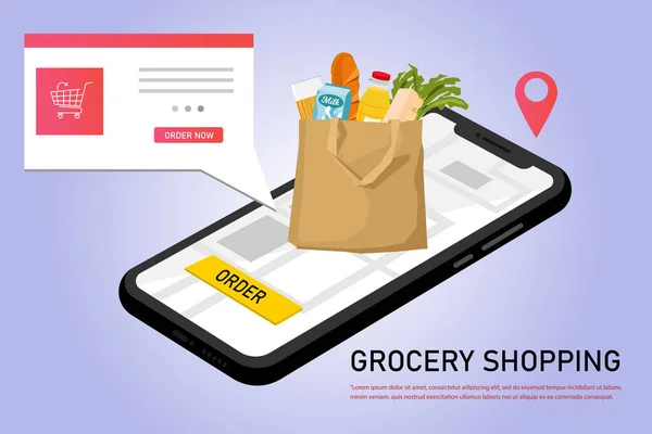 Çevrimiçi yiyecek siparişi, market teslimatı, parlak arka planda izole edilmiş e-ticaret için düz tasarım renkli vektör illüstrasyon kavramı.
