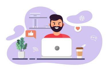 Gri arka planda bilgisayarla uğraşan yorgun adam tasviri