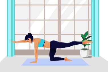 Ev sporu fitness yaşam tarzında kadın eğitmek poster vektör illüstrasyonuna başlamak için