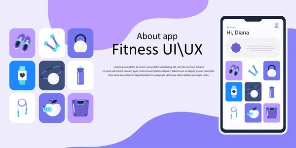 Mobil uygulamalar için farklı Ui, Ux, Gui ekran fitness uygulaması ve düz web simgeleri, ilgili web siteleri dahil. Web tasarımı ve mobil şablon. Mobil uygulama için fitness arayüzü tasarımı. Vektör
