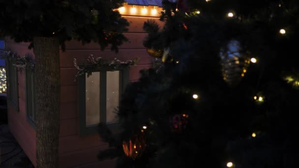 Bela casa decorada para o Natal é sobre árvores de Natal — Vídeo de Stock