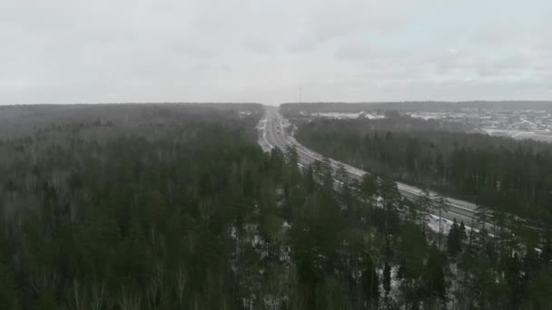 Камера летит в зимний лес к обочине шоссе — стоковое видео